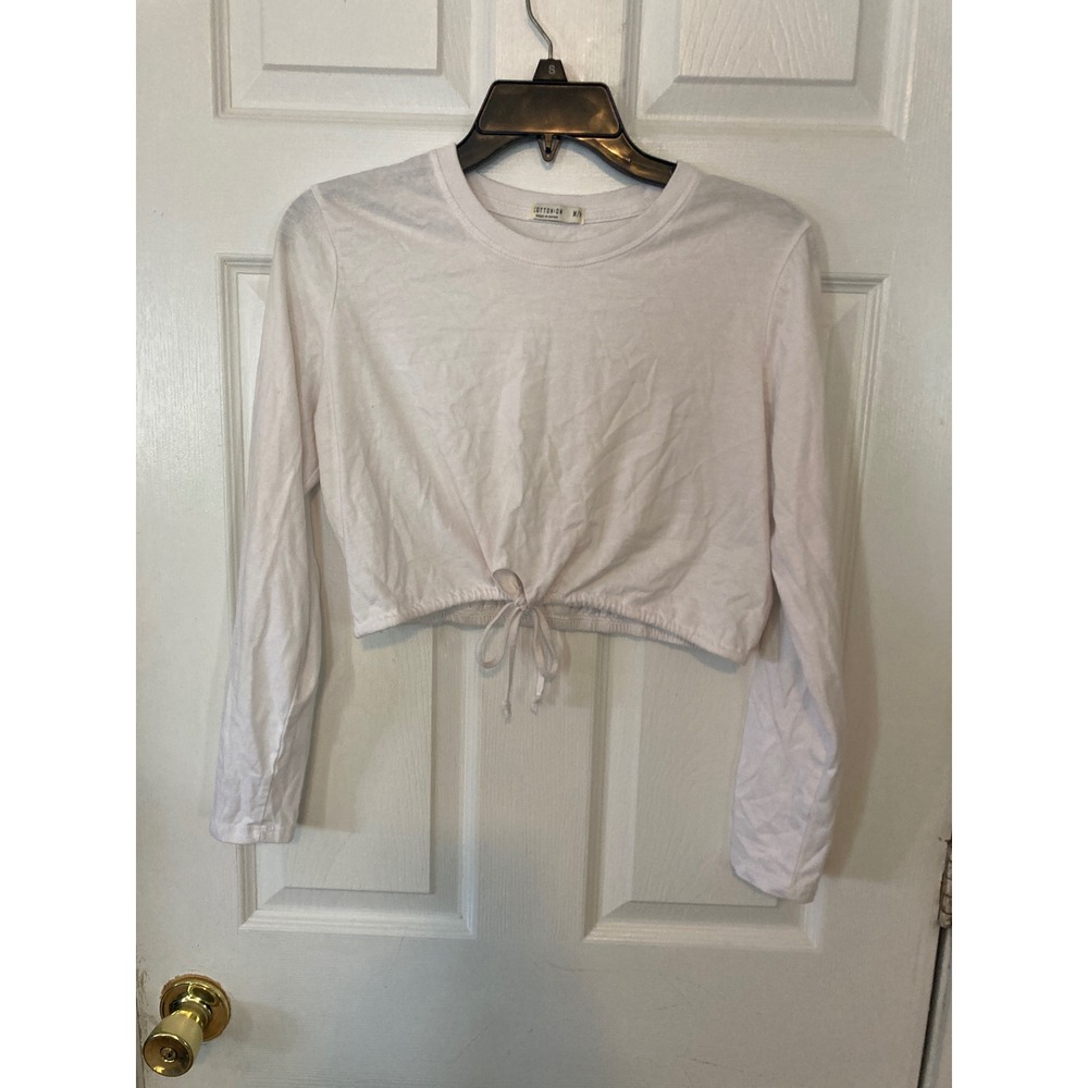 Cotton On White Long Sleeve Crop Top Cinched Drawstring Waist Crew Neck Medium